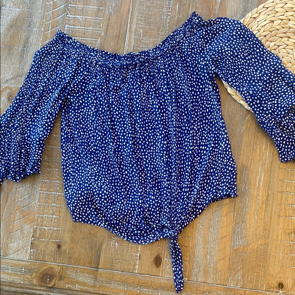 Express Blue and White Smocked Blouse with 3/4 Sleeves